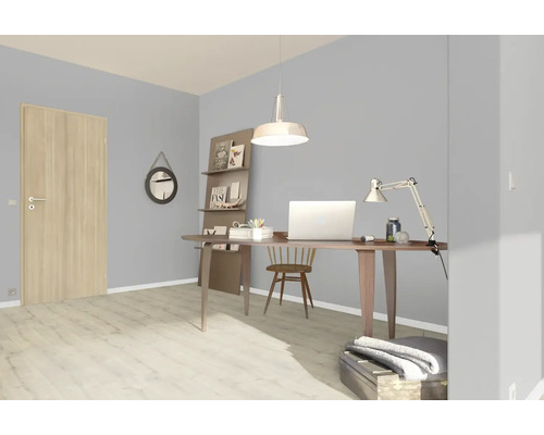 STYLECOLOR Colorful Walls Muur- en plafondverf Steel 2,5 l Lichte studeerkamer met bureau, stoel, lamp en deur