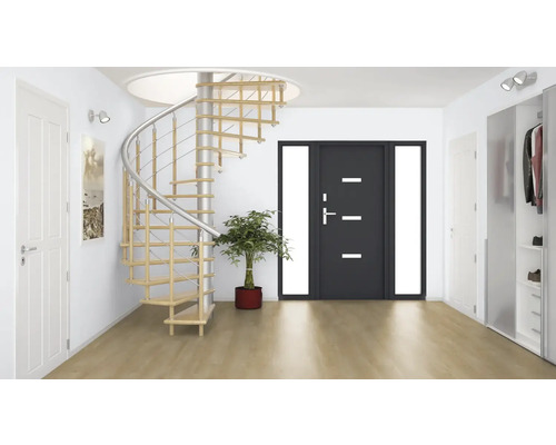 Lichte hal met wenteltrap, voordeur en garderobekast.