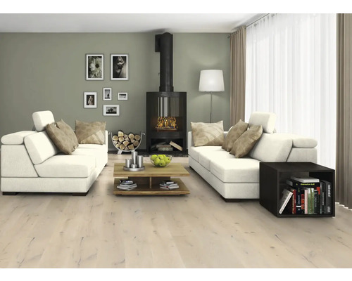 Woonkamer met open haard, banken en houten vloer