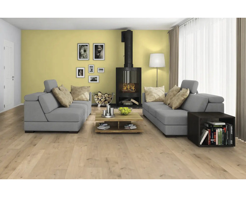 Lichte woonkamer met grijze banken, open haard en houten vloer