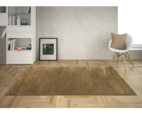 Interieur met bruin tapijt, witte kast, foto en stoel