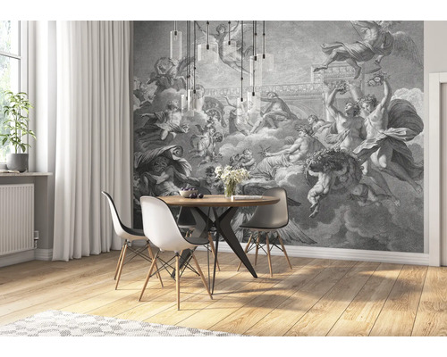 Eetkamer met eettafel, stoelen en fotobehang met historisch motief