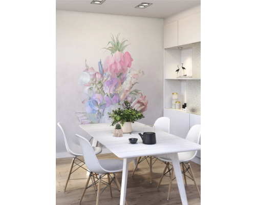 Eetkamer met eettafel, stoelen en bloemenmuursticker