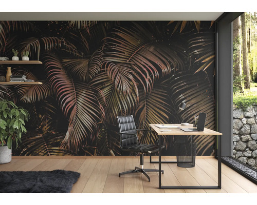 Kantoor met bureau, bureaustoel en fotobehang met palmmotief