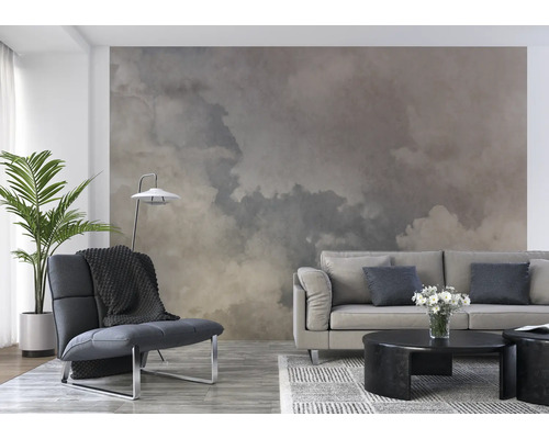 Woonkamer met fotobehang met wolkenpatroon, fauteuil, bank en salontafel.