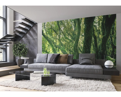 Moderne woonkamer met fotobehang met bosmotief, bank, tafel en trap.