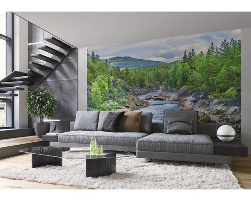 Woonkamer met fotobehang van een rivier in een boslandschap