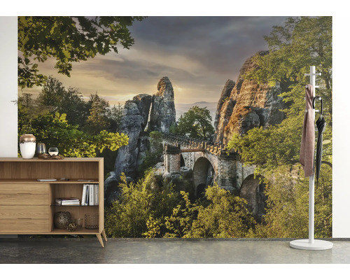 Scène met kast, kapstok en fotobehang met brugmotief