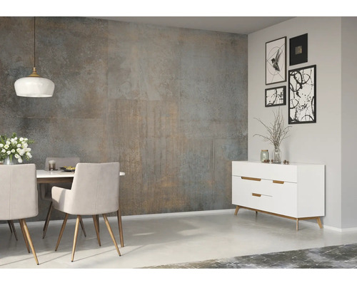 Eetkamer met eettafel, stoelen, dressoir en wandpanelen in modern design