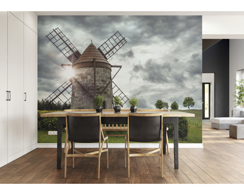 Woonkamer met fotobehang met een windmolen onder een bewolkte hemel