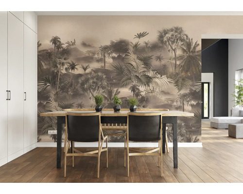Eetkamer met fotobehang met jungle thema, eettafel en stoelen