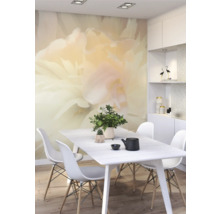 Lichte eetkamer met fotobehang, eettafel en stoelen.