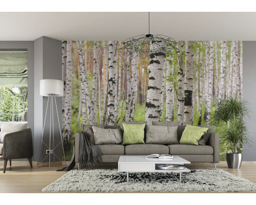 Woonkamer met berkenbosbehang, bank, lamp en vloerkleed voor een natuurlijke sfeer