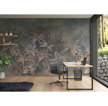 Kantoor met fotobehang, bureau, bureaustoel en decoraties voor een moderne studeerkamer