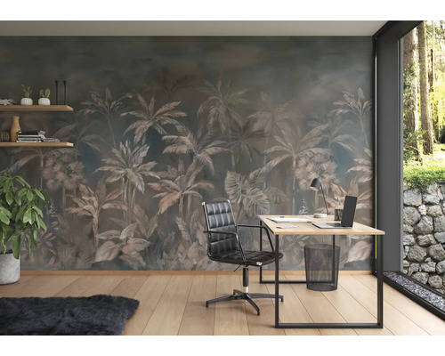 Kantoor met fotobehang, bureau, bureaustoel en decoraties voor een moderne studeerkamer