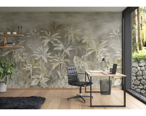 Kantoor met bureau, bureaustoel en fotobehang met palmmotief