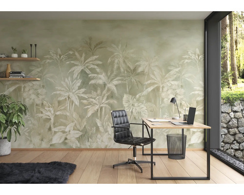 Kantoor met fotobehang met palmbomen, bureau, bureaustoel en decoratie