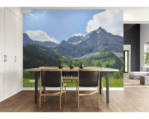 Woonkamer met fotobehang berglandschap