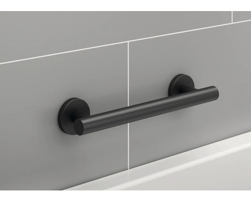 Zwarte wandmontage handgreep voor in de badkamer.