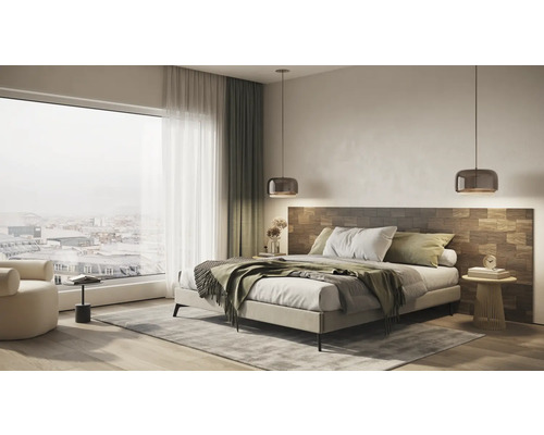 Moderne slaapkamer met bed, nachtkastje en hanglampen