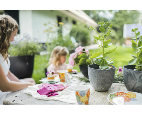Tuinscene met tafel, planten in potten, tuinhandschoenen en servies.