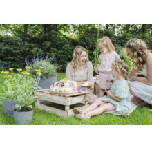 Tuinscene met vrouwen en kinderen die picknicken met bloementaart op een houten kist en beplante bloempotten
