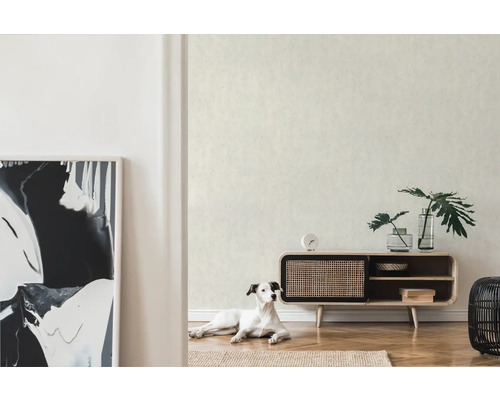 Lichte ruimte met patroonbehang, dressoir, decoratie en hond