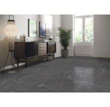 Interieur met donkere tegels, dressoir, lamp en kamerplant