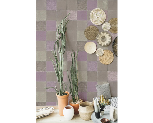 Decoratieve kamer met schaakbordpatroon wandtegels, aangevuld met planten en mandelementen voor een gezellige uitstraling.