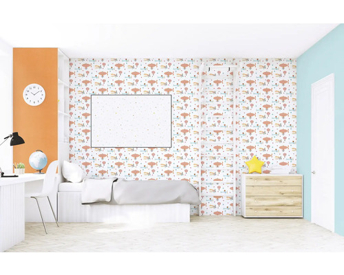 Kinderkamer met behang met vliegtuigmotief, bed, bureau en ladder