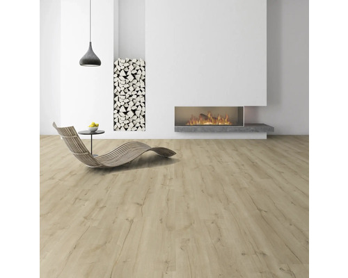 Lichte ruimte met laminaatvloer, open haard en houtopslag