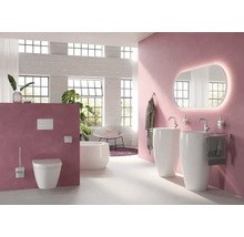 Lichte badkamer met toilet, wastafels en spiegel