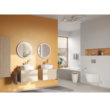 Lichte badkamer met twee wastafels, ronde spiegels, bad en toilet.