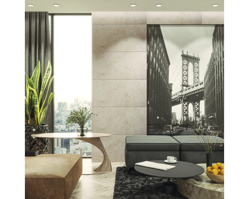 Moderne woonkamer met fotobehang van een brug, tafel, bank en kamerplant