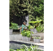 Tuin met beplanting in plantenbakken en vrouw op een bank