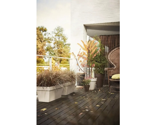 Gedecoreerd balkon met planten in potten en rechthoekige plantenbakken