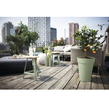 Buitenruimte op een dak met tuinmeubilair, planten en uitzicht op de stad
