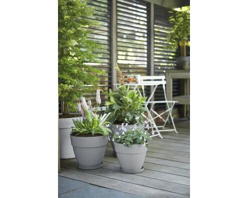 Terras met planten in plantenbakken en zitgroep