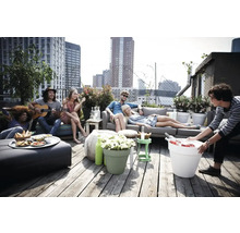Groep mensen die ontspannen op een dakterras met banken, planten en drankjes