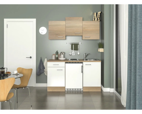 FLEX WELL Minikeuken met apparatuur Samoa wit en sonoma eiken mat 150,5x60 cm Kleine keuken met gootsteen, kookplaat, koelkast en hangkasten in een lichte ruimte.