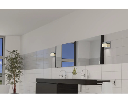 Lichte badkamer met wastafel, spiegel, wandlampen en planten