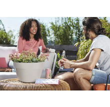 Buitenscène met een beplante pot op een tafel en twee mensen op de achtergrond.