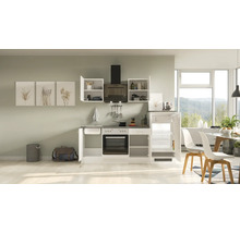 Complete keuken met spoelbak, fornuis, oven, afzuigkap en koelkast in een lichte keuken.