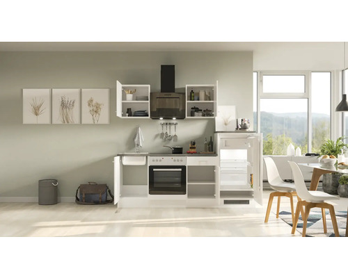 Complete keuken met spoelbak, fornuis, oven, afzuigkap en koelkast in een lichte keuken.