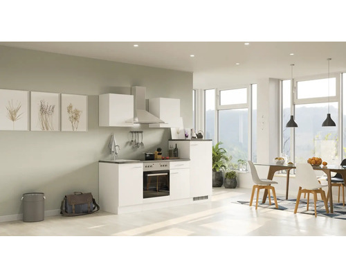 Lichte keuken met kitchenette, afzuigkap en eethoek in een open ruimte.