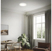 Woonkamer met ronde plafondlamp, tafel, stoelen en raam