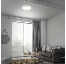 Woonkamer met plafondlamp, bank en raam