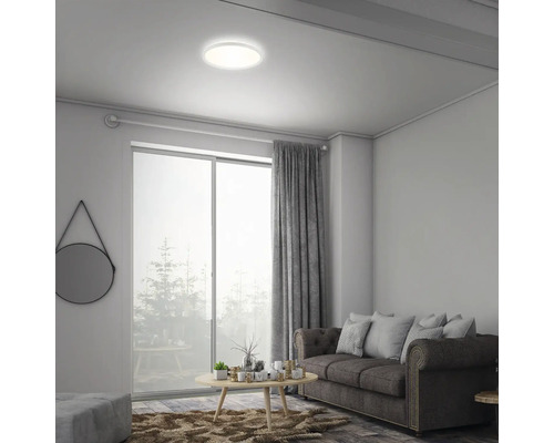 Woonkamer met plafondlamp, bank en raam