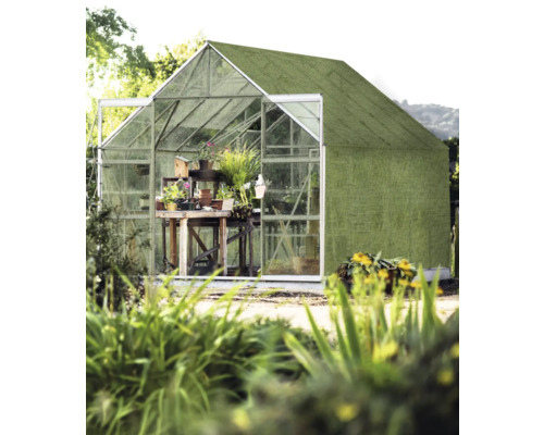 Kas met openstaande deur en planten op een tafel