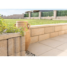 Tuinmuur van betonstenen met decoratieve amfoor en planten
